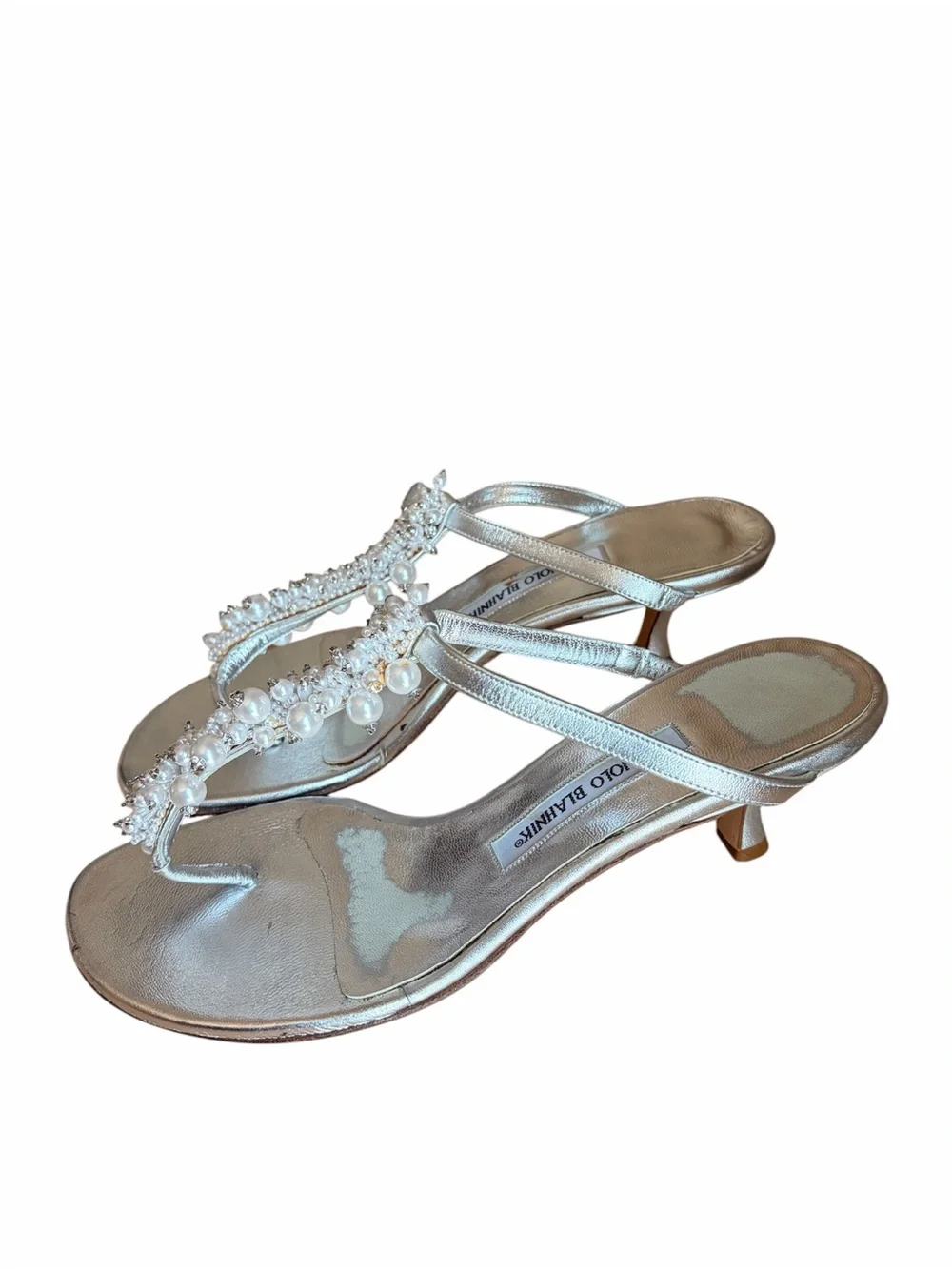 Manolo Blahnik Pearl-Embellished silver Kitten-Heel Sandals Y2K